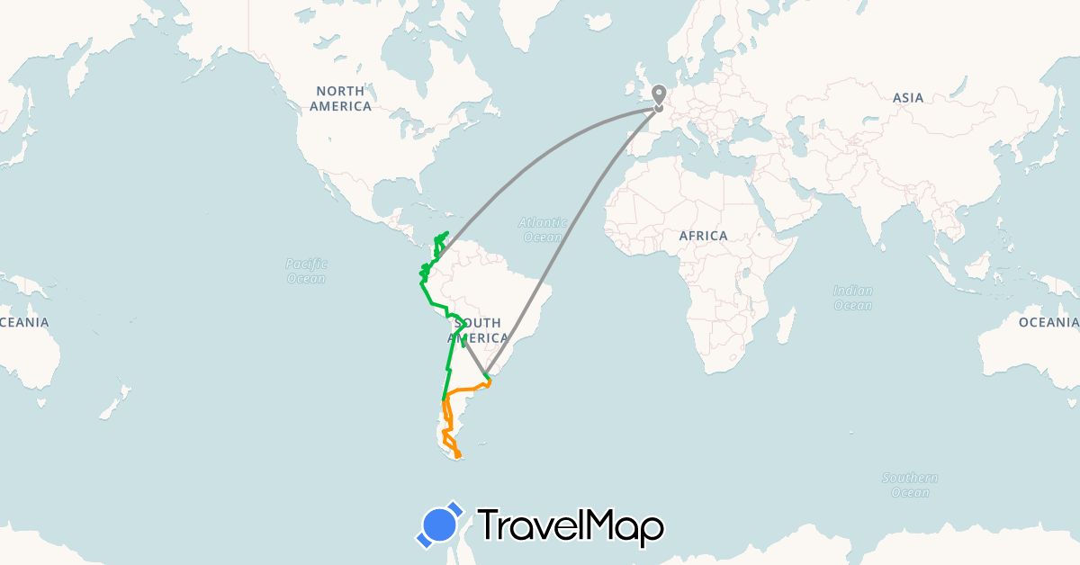 TravelMap itinerary: driving, bus, plane, hitchhiking in Argentina, Bolivia, Chile, Colombia, Ecuador, France, Peru (Europe, South America)